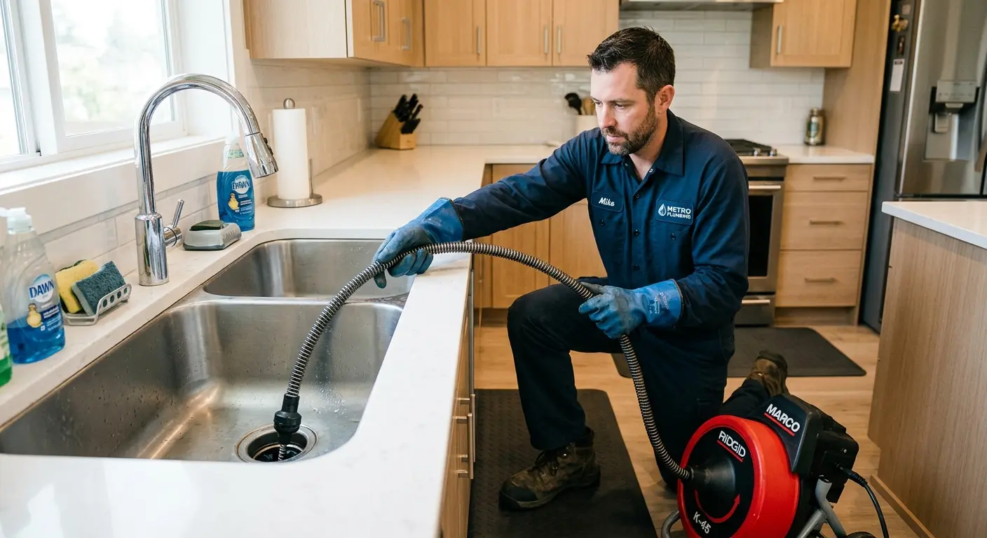 Drain cleaning technician using a motorized snake on a kitchen sink in Hilliard