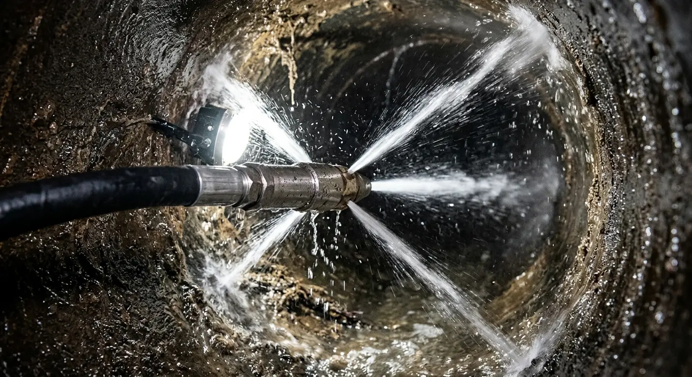High-pressure hydro jetting nozzle cleaning sewer pipe for Trenchless Sewer Repair in Hilliard