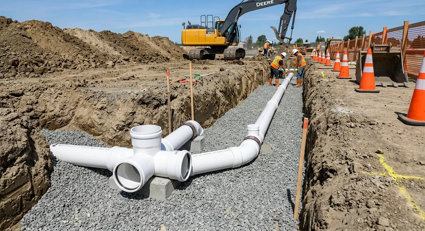 New PVC sewer pipe installation in open trench for Commercial Drain Cleaning in Hilliard