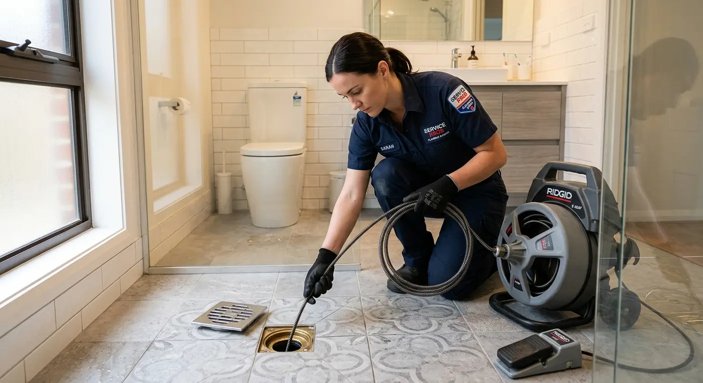 Technician clearing a bathroom floor drain for Hydro Jetting in Hilliard